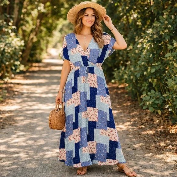 Hayden Los Angeles Patchwork Floral Boho Maxi Dress Prairie Cottagecore S - Picture 1 of 9